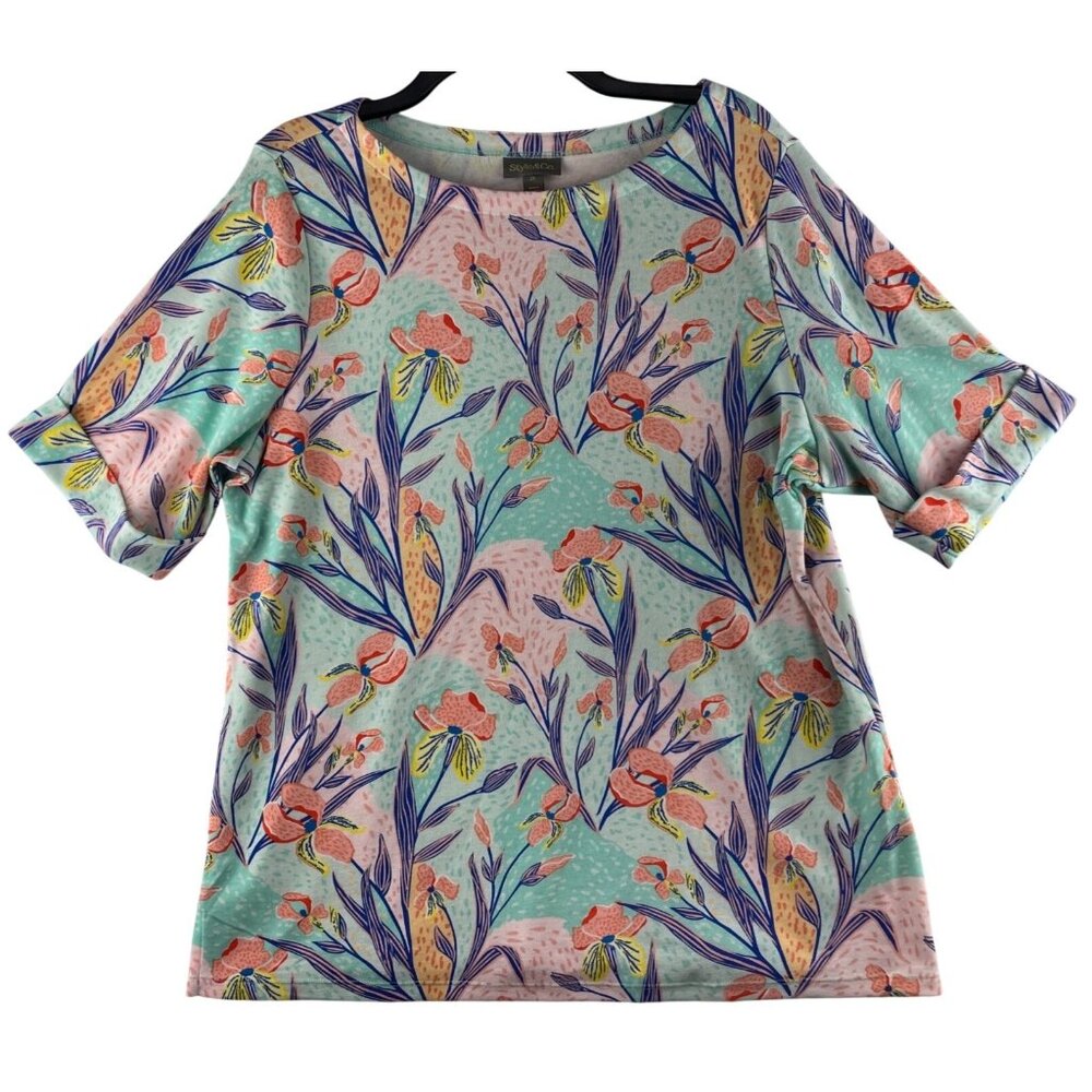 Style & Co Womens Plus 2X Floral Print Short Sleeve Tee Garde Party CMB Lightwei